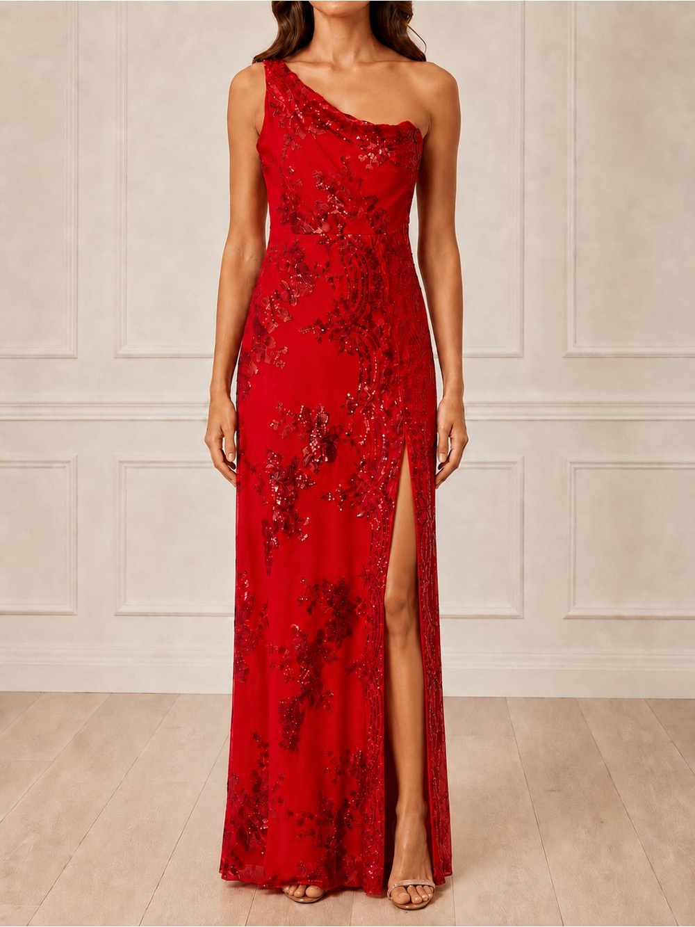 NWT Southern Fried Chics Gown Medium Red Sequin Floral One Shoulder Maxi Dress